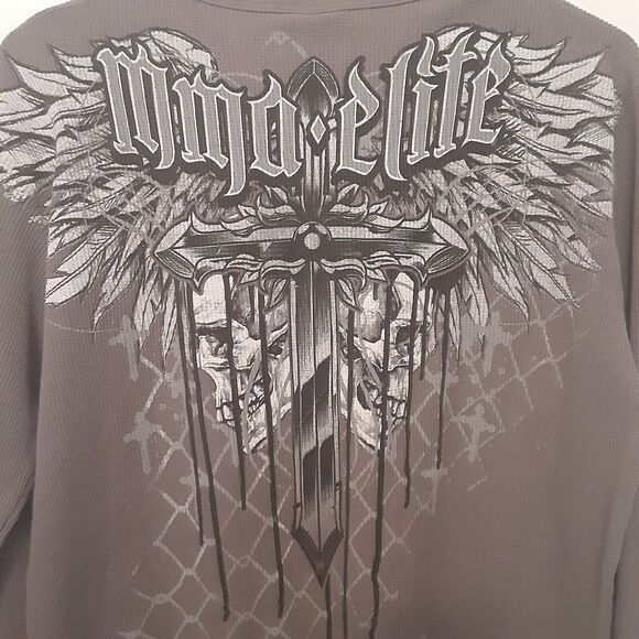MMA Elite Long Sleeve Shirt Grey Waffle Thermal Y2K Men’s M Cross Skulls VTG - Picture 5 of 7